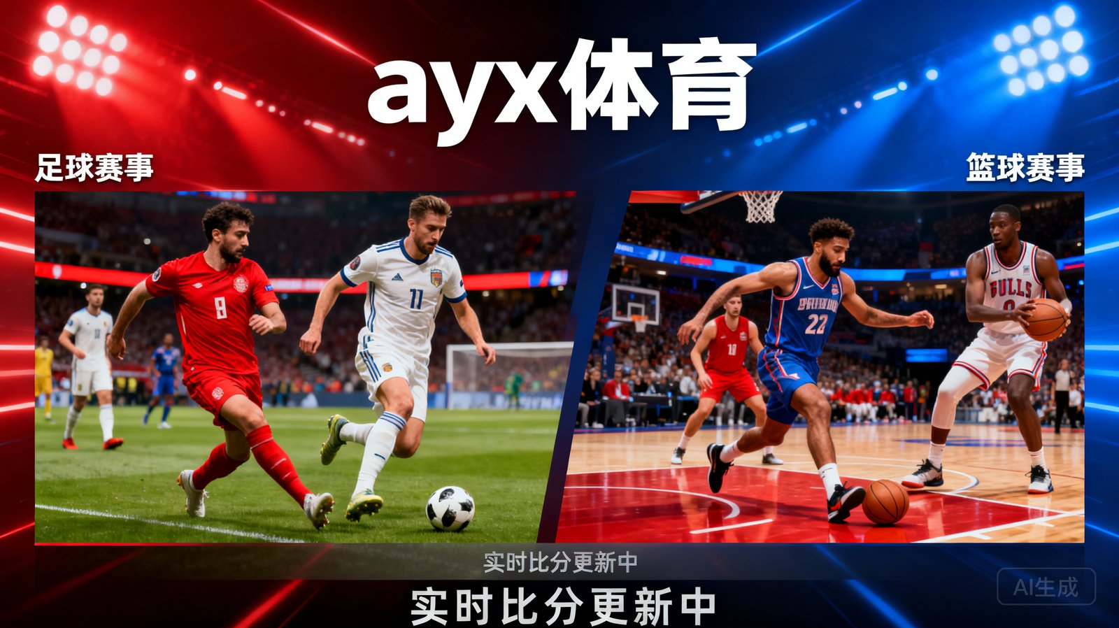 ayx体育直播界面展示足球和篮球赛事精彩瞬间，红色与蓝色灯光交织