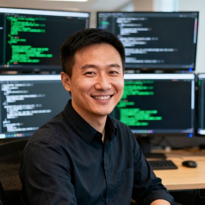 ayx首席技术官张伟在办公室微笑，背景是代码屏幕